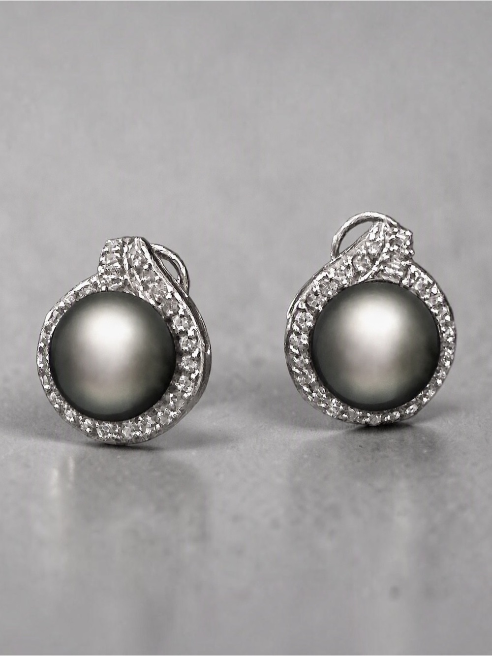 14K White Gold, Tahitian Pearl and Diamond Stud Earrings